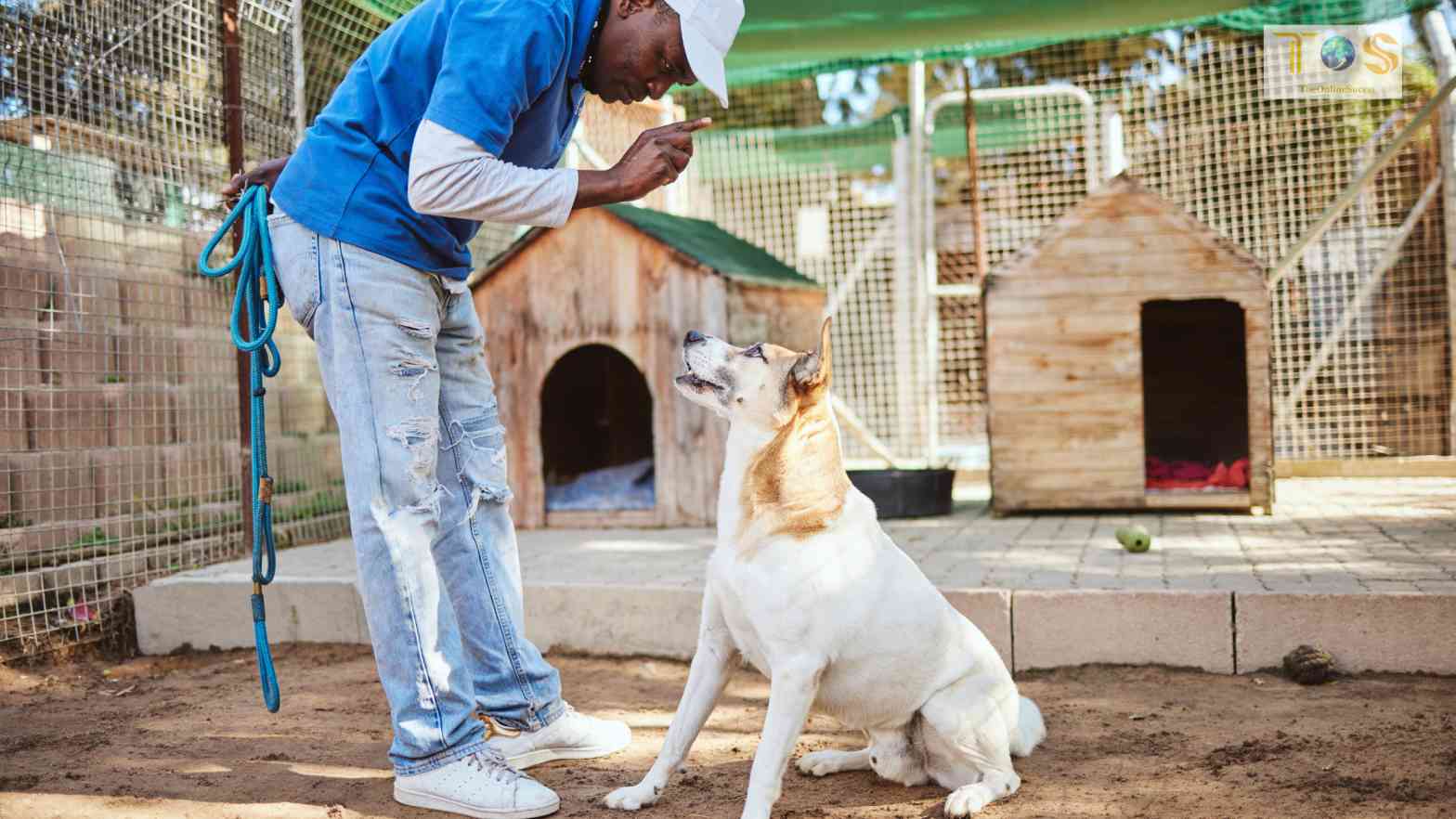 Person training a dog outdoors.